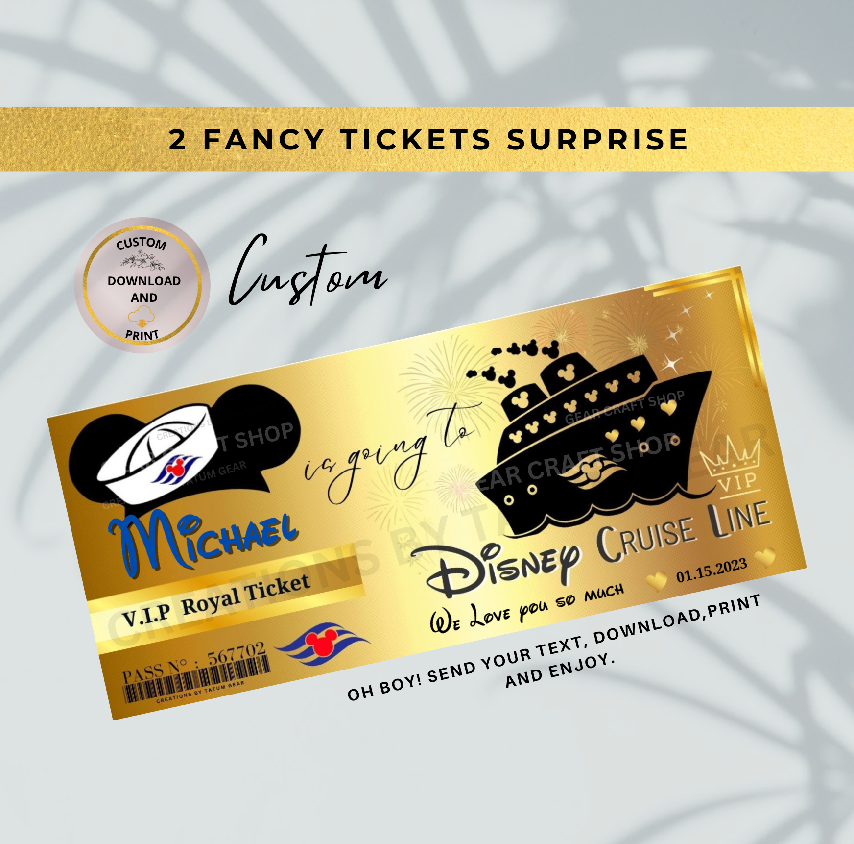 2 Printable Fancy VIP DisneyCruise Ticket, Custom Cruise Ship Boarding Pass