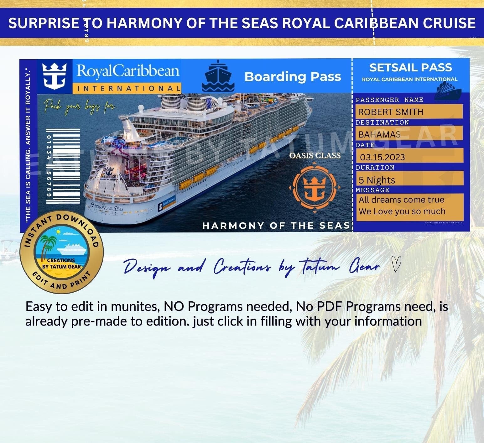 3 Royal Caribbean Cruise Printable Ticket "HARMONY of the SEAS" Surprise in Minutes
