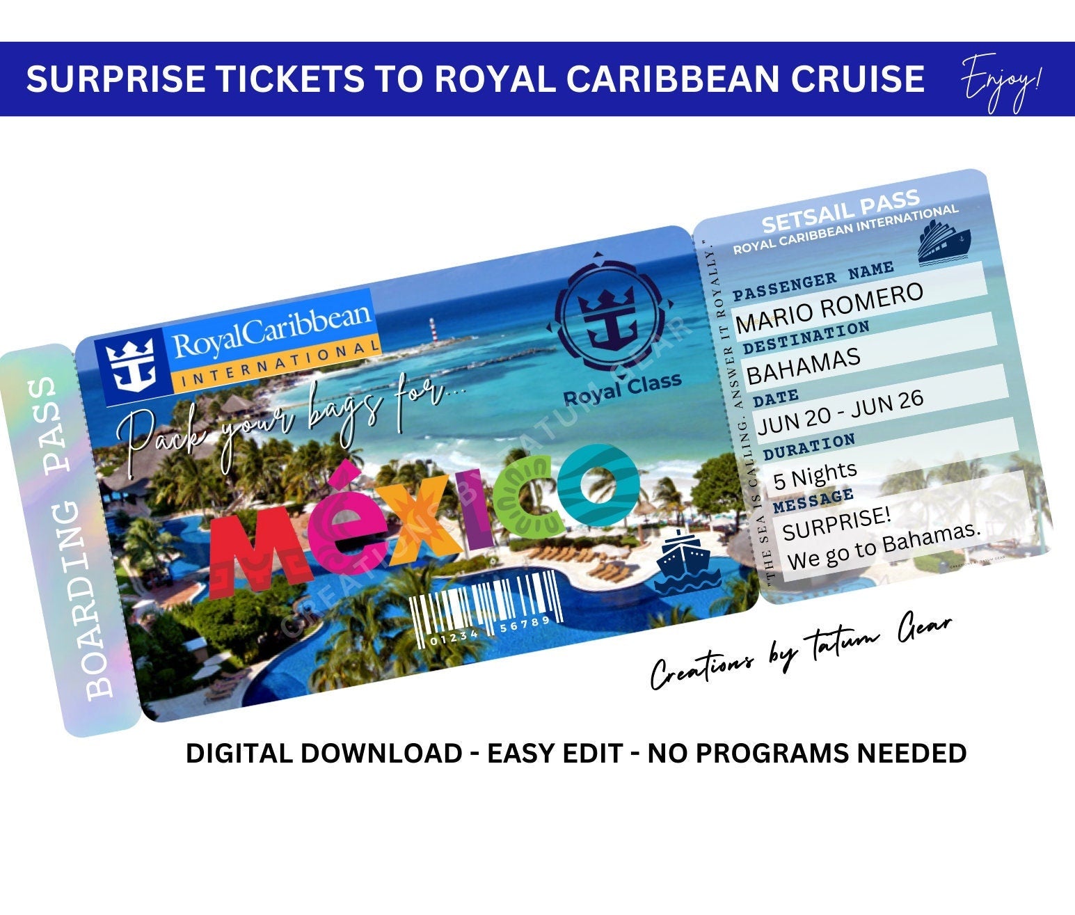 Royal Caribbean Cruise Printable Ticket Boarding Pass -  Trip to MEXICO