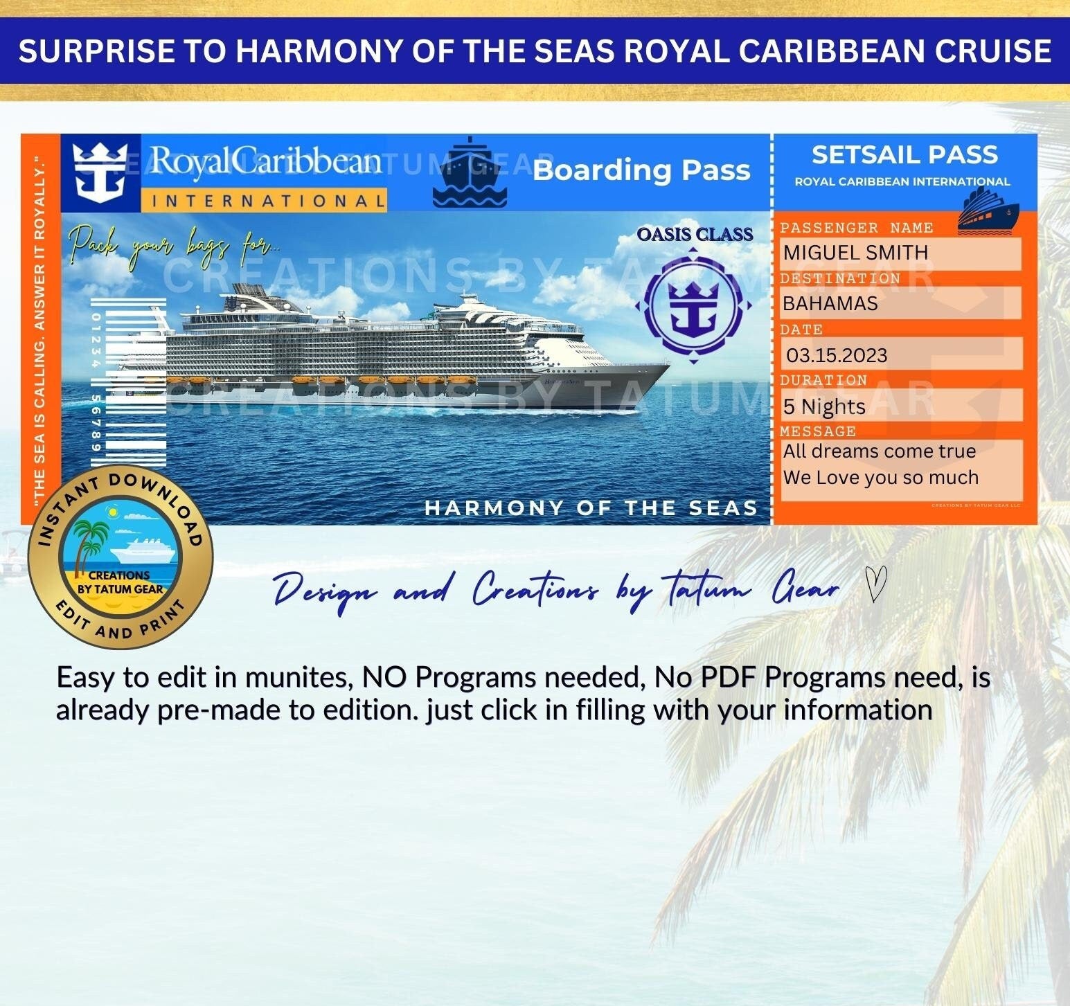 3 Royal Caribbean Cruise Printable Ticket  "HARMONY of the SEAS" Surprise in Minutes